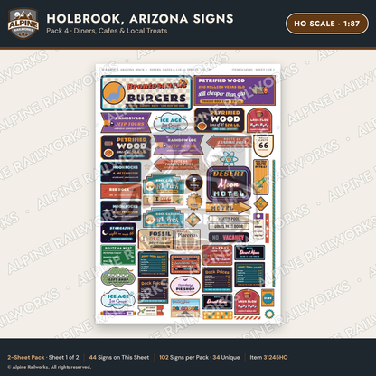 Alpine Railworks 31245HO HO Scale Holbrook AZ Signs - Diners & Cafes