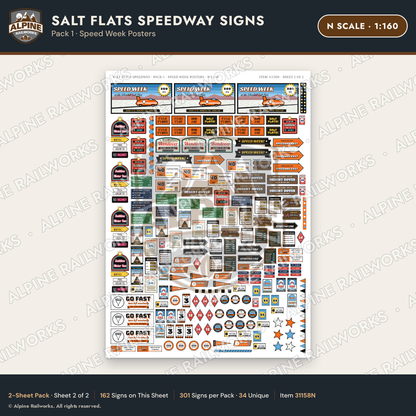 Alpine Railworks 31158N N Scale Racing Signs - Salt Flats Speedway