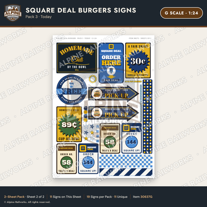 Alpine Railworks 30637G G Scale Fast Food Signs - Square Burgers
