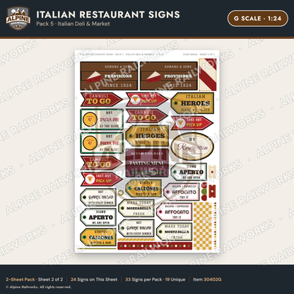 Alpine Railworks 30402G G Scale Italian Restaurant Signs