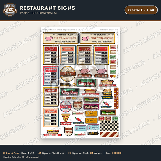 Alpine Railworks 30036O O Scale Restaurant Signs - BBQ Smokehouse