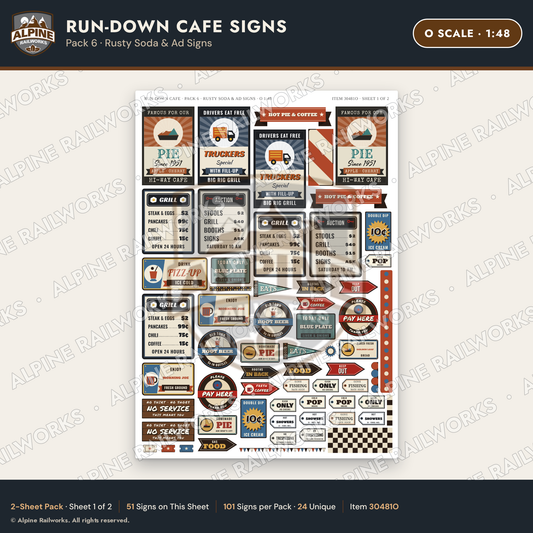 Alpine Railworks 30481O O Scale Run-Down Cafe Signs - Rusty Soda & Ad