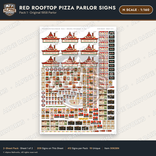 Alpine Railworks 30626N N Scale Restaurant Signs - Pizza Parlor