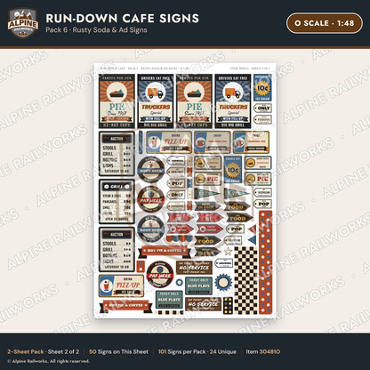 Alpine Railworks 30481O O Scale Run-Down Cafe Signs - Rusty Soda & Ad