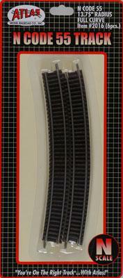 Atlas Model Railroad 2016 N Scale Code 55 Track 13-3/4" Radius Curve pkg(6)