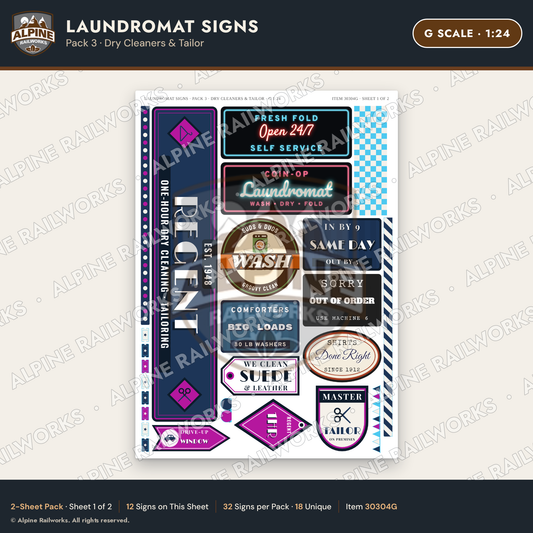 Alpine Railworks 30304G G Scale Laundromat Signs - Dry Cleaners
