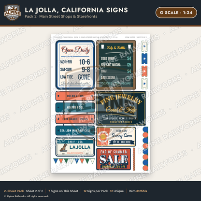 Alpine Railworks 31255G G Scale La Jolla CA Signs - Main Street Shops