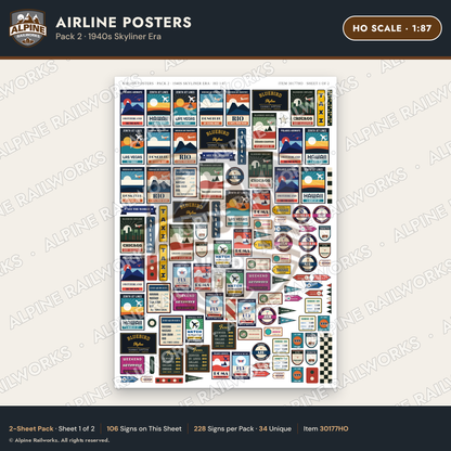 Alpine Railworks 30177HO HO Scale Airline Posters - 1940s Skyliner Era