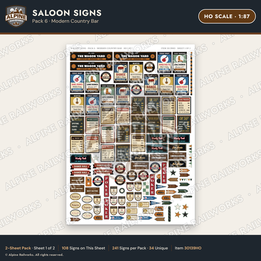 Alpine Railworks 30139HO HO Scale Saloon Signs - Modern Country Bar