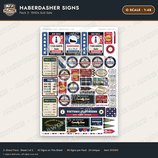 Alpine Railworks 30316O O Scale Haberdasher Signs - 1940s Suit Sale