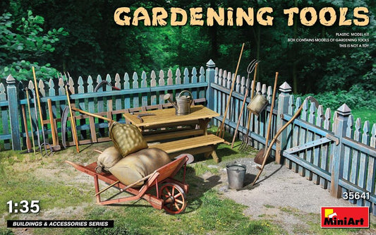 Miniart Models 35641 1/35 Gardening Tools w/Wheel Barrow & Table