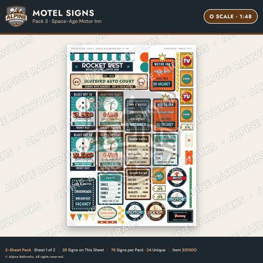 Alpine Railworks 30130O O Scale Motel Signs - Space-Age Motor Inn
