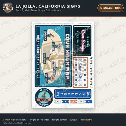 Alpine Railworks 31255G G Scale La Jolla CA Signs - Main Street Shops