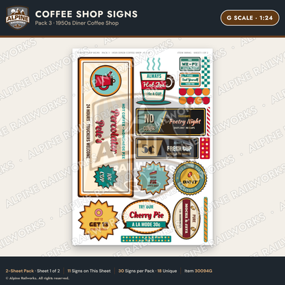 Alpine Railworks 30094G G Scale Coffee Shop Signs - Diner Coffee Shop