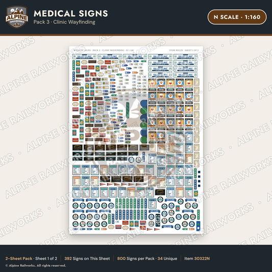 Alpine Railworks 30322N N Scale Medical Signs - Clinic Wayfinding