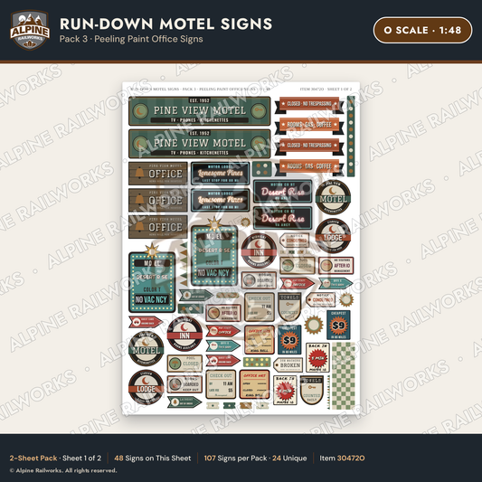 Alpine Railworks 30472O O Scale Run-Down Motel Signs