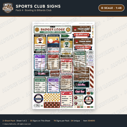 Alpine Railworks 30461O O Scale Sports Club Signs - Bowling