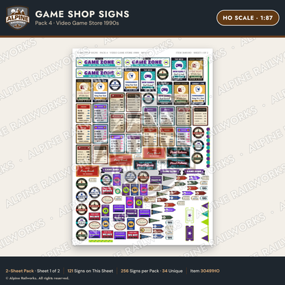 Alpine Railworks 30491HO HO Scale Game Shop Signs - Video Game Store