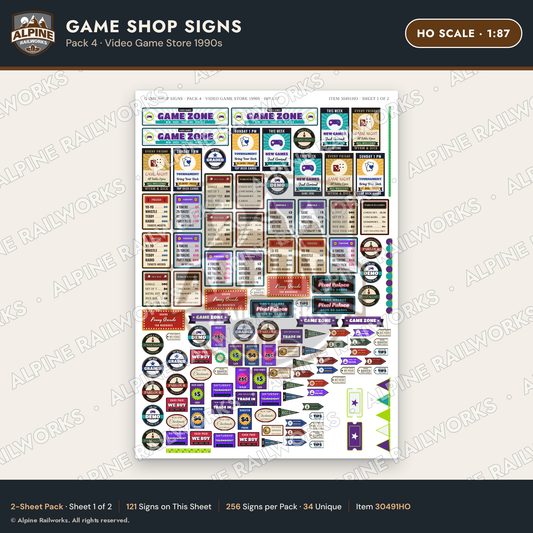 Alpine Railworks 30491HO HO Scale Game Shop Signs - Video Game Store