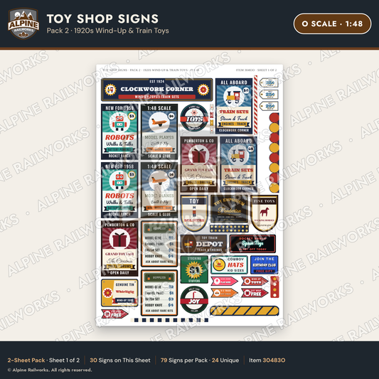 Alpine Railworks 30483O O Scale Toy Shop Signs - 1920s Wind-Up