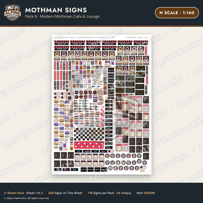 Alpine Railworks 30163N N Scale Mothman Signs - Modern Mothman Cafe