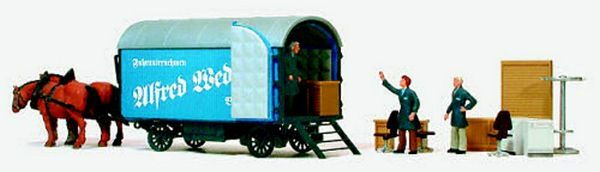 Preiser 30494 HO Scale Moving Wagon w/2 Horses, Figures & Accessories
