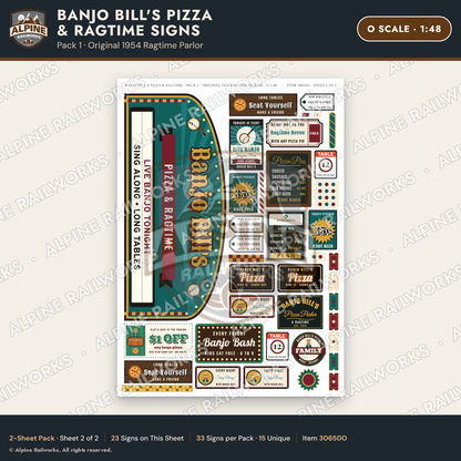 Alpine Railworks 30650O O Scale Restaurant Signs - Pizza & Music Hall