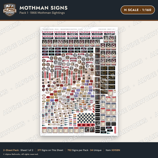 Alpine Railworks 30158N N Scale Mothman Signs - 1966 Mothman Sightings