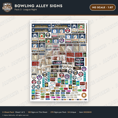 Alpine Railworks 30226HO HO Scale Bowling Alley Signs - League Night