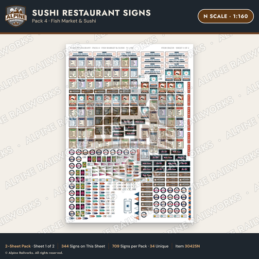Alpine Railworks 30425N N Scale Sushi Restaurant Signs - Fish Market