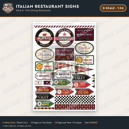 Alpine Railworks 30403G G Scale Italian Restaurant Signs