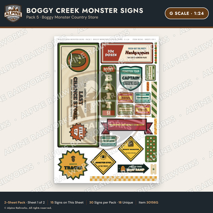 Alpine Railworks 30156G G Scale Boggy Creek Monster Signs