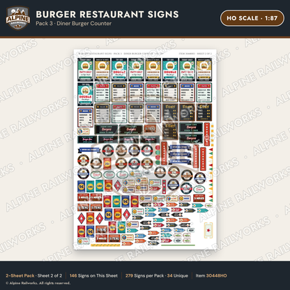 Alpine Railworks 30448HO HO Scale Burger Restaurant Signs