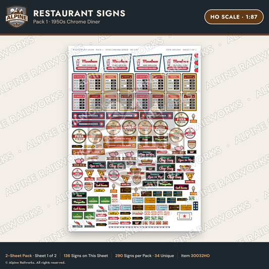 Alpine Railworks 30032HO HO Scale Restaurant Signs - Chrome Diner