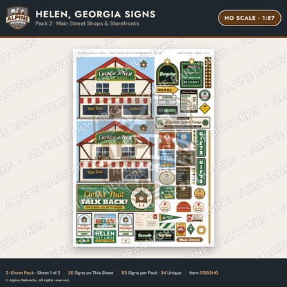 Alpine Railworks 31303HO HO Scale Helen GA Signs - Main Street Shops