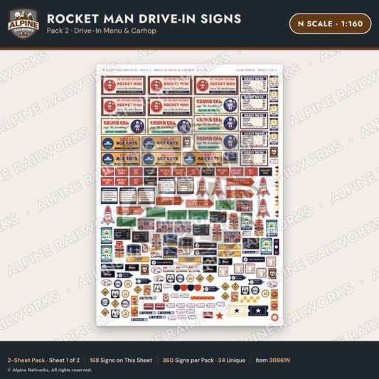 Alpine Railworks 30961N N Scale Roadside Signs - Spaceman Drive-In