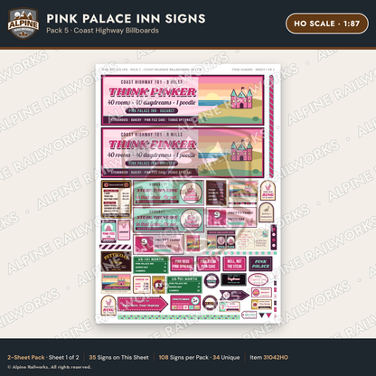 Alpine Railworks 31042HO HO Scale Roadside Signs - Pink Themed Motel