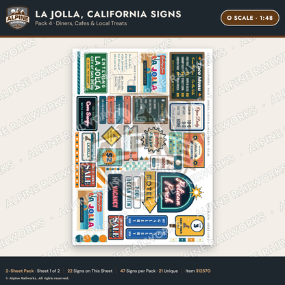 Alpine Railworks 31257O O Scale La Jolla CA Signs - Diners & Cafes