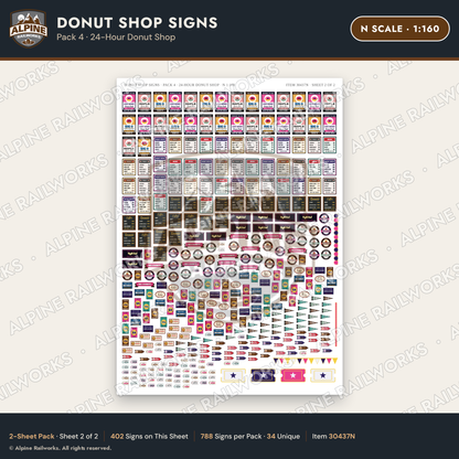 Alpine Railworks 30437N N Scale Donut Shop Signs - 24-Hour Donut Shop