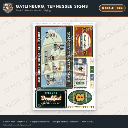 Alpine Railworks 31268G G Scale Gatlinburg TN Signs - Motels & Inns