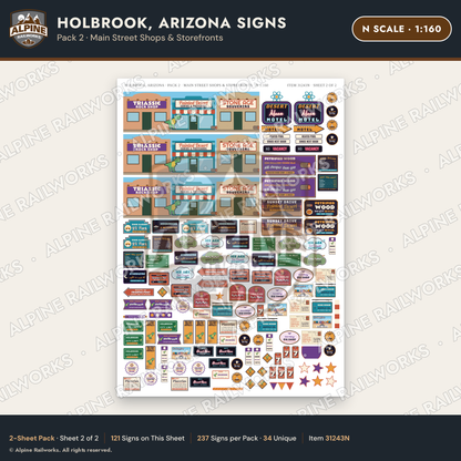 Alpine Railworks 31243N N Scale Holbrook AZ Signs - Main Street Shops