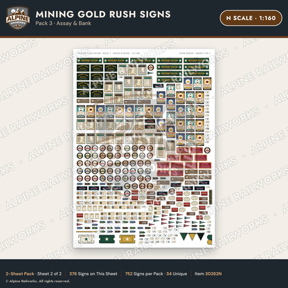 Alpine Railworks 30262N N Scale Mining Gold Rush Signs - Assay & Bank