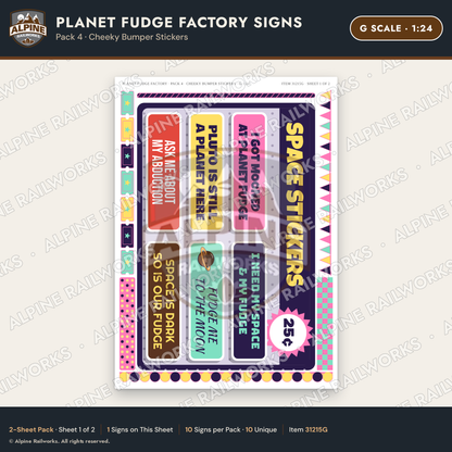 Alpine Railworks 31215G G Scale Fudge Factory Signs - Bumper Stickers