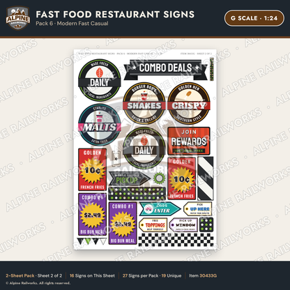 Alpine Railworks 30433G G Scale Fast Food Restaurant Signs