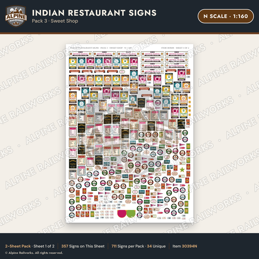 Alpine Railworks 30394N N Scale Indian Restaurant Signs - Sweet Shop