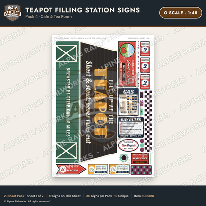 Alpine Railworks 30909O O Scale Roadside Signs - Teapot Gas Station