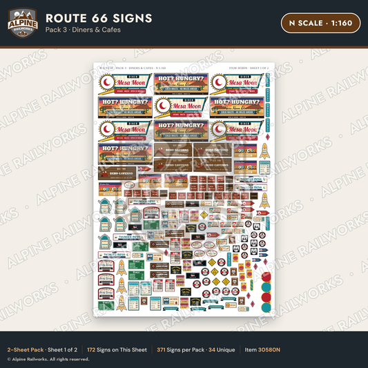 Alpine Railworks 30580N N Scale Route 66 Highway Signs - Diners