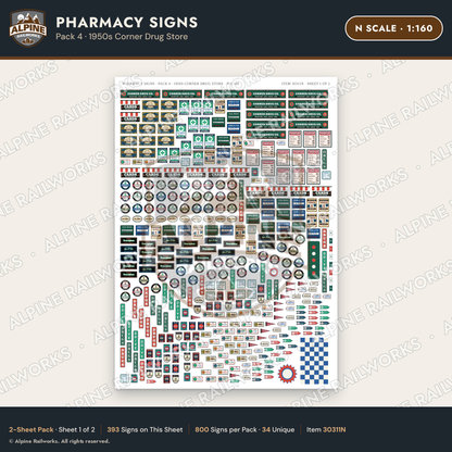 Alpine Railworks 30311N N Scale Pharmacy Signs - Corner Drug Store