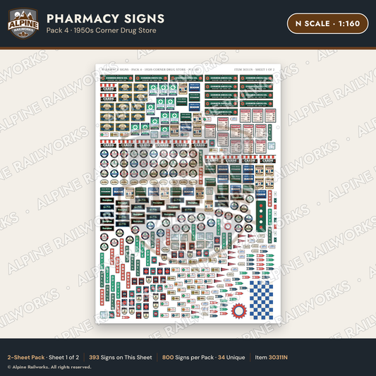 Alpine Railworks 30311N N Scale Pharmacy Signs - Corner Drug Store