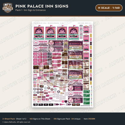 Alpine Railworks 31038N N Scale Roadside Signs - Pink Themed Motel